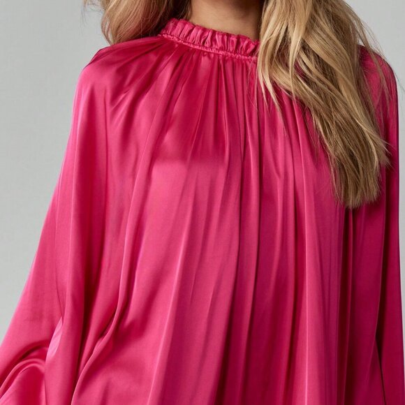 Hot Pink Party Women's Ruffle Hem High Neck Satin Elegant Mini Dress - Picture 7 of 8